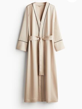 Long Beige Satin-Trim Duster Cardigan
